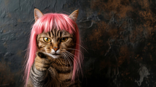 free space on the left corner for title banner with a cat wearing a pink straight wig pointing angrily at the point of view