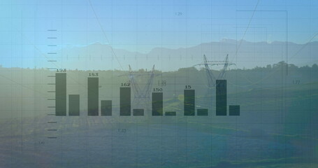 Image of financial data processing over electricity pylons and landscape