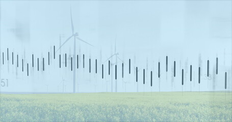 Image of financial data processing over wind turbines and landscape