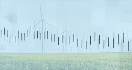 Poster Image of financial data processing over wind turbines and landscape © vectorfusionart