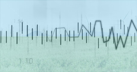 Image of financial data processing over wind turbines and landscape