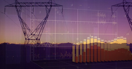 Image of financial data processing over electricity pylons and landscape