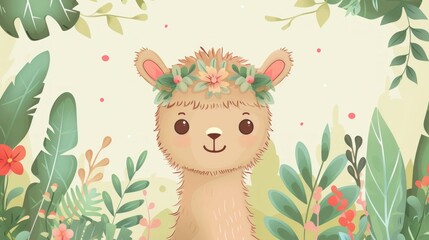 Obraz premium Cute cartoon alpaca with floral wreath.
