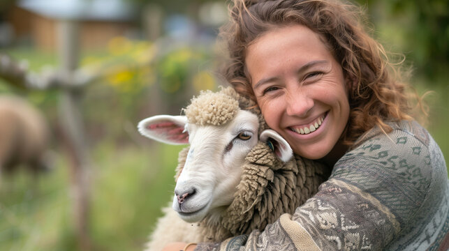 A beautiful woman hugs a sheep tightly in her yard. Ai generated Images