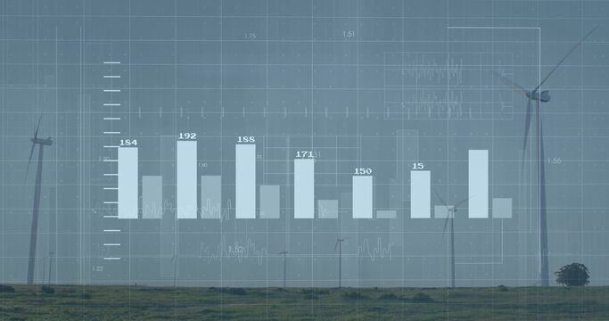 Image of financial data processing over wind turbines and landscape