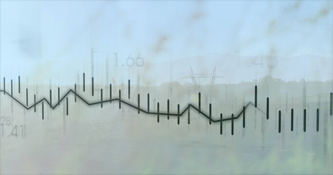 Image of financial data processing over electricity pylons and landscape