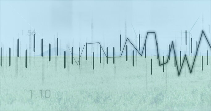 Image of financial data processing over wind turbines and landscape - Powered by Adobe