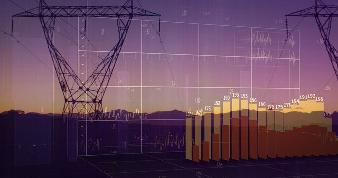 Image of financial data processing over electricity pylons and landscape