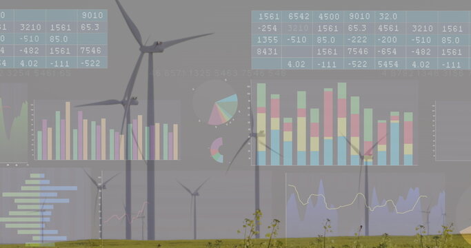 Image of financial data processing over wind turbines and landscape