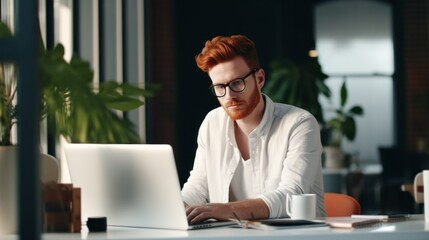 Obraz premium A handsome, confident, Stylish redhead man, businessman with glasses, sits at a desk and works on a laptop in a bright office with indoor plants. Business, Freelance, Startup, Work, Modern Technology.