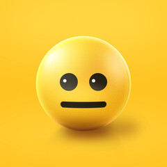 Neutral and emotionless Emoji stress ball on shiny floor. 3D emoticon isolated.