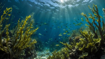 Fototapeta premium Underwater plant role in carbon sequestration. Kelp forest and seagrass meadow 