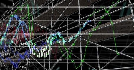 Image of financial data processing over scaffolding