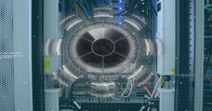 Image of round scanner and data processing and round scanner over close up of a computer server