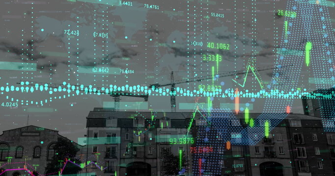 Image of financial data processing over construction site
