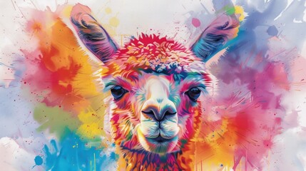 Watercolor portrait of a cute alpaca. llama on watercolor background