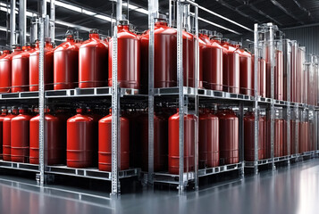 Racks of liquid container stored in industry warehouse storage of chemical liquids. Storage plastic cans in factory warehouse. Concept of industrial warehousing and storage of goods. Copy text space