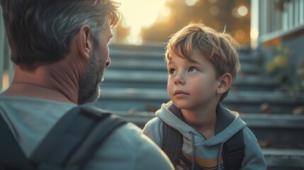 Tender Moment Between Father and Son, father and young son share a quiet moment, exchanging looks of understanding and trust in the warm glow of sunset