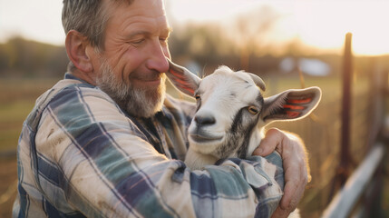A man is hugging a goat tightly on a farm. His facial expression was full of warmth and tenderness as he hugged the animal affectionately. Ai generated Images