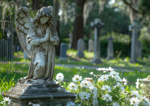 Peace and quiet of the cemetery. Angel statue in a cemetery among green grass and flowers.
