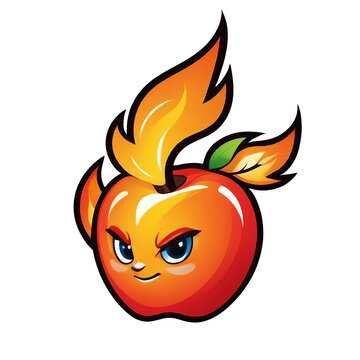 an apple with a fire on it's head, dark orange, smug, 