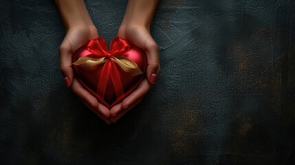 Gift of Love, Close-up of hands gently holding a heart-shaped gift box adorned with a gold ribbon, expressing care and generosity