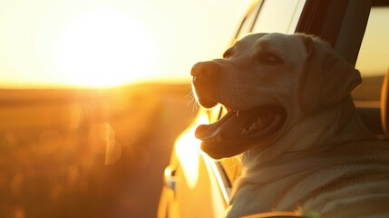 Dog Labrador is traveling. The dog has stuck its head out of the car window and is enjoying the ride. - obrazy, fototapety, plakaty