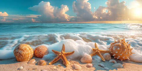 Summer beach with starfish and shells with background sea. Space for text