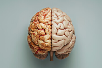 Split of human brain show different of left side and right side of cerebral hemisphere . Left side is atrophic brain due to Alzheimer's disease . Right side is normally brain .
