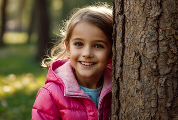 Portrait of funny little girl 5-6 year old in pink jacket peeking out from behind tree, smile looking at camera. Joyful girl kid walking in urban park. Childhood emotion concept. Copy ad text space