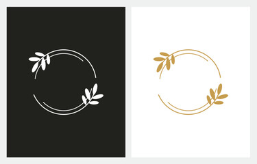 Vector floral logo template in elegant and minimal style with gold color on grey background illustration. Circle frames logos. For badges, labels, logotypes and branding business identity.