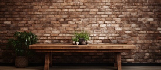 A brown wooden rectangle table with a flowerpot on top, placed in front of a brick wall. The brickwork of the building contrasts the natural wood flooring