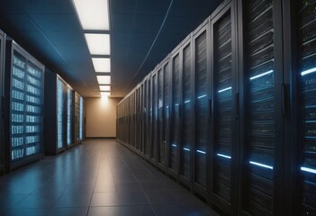 Fototapeta premium Futuristic background image of rack server with blinking lights in supercomputer, copy space