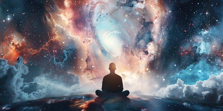 Contemplation of the Universe in Lotus Pose. Meditation under the Starry Sky. Black silhouette of a person in Lotus Pose