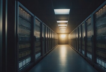 Futuristic background image of rack server with blinking lights in supercomputer, copy space