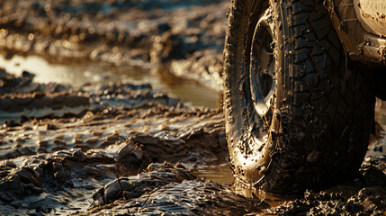 an off-road car tire trapped in the mud in striking detail. Dirty and muddy tires are clearly...