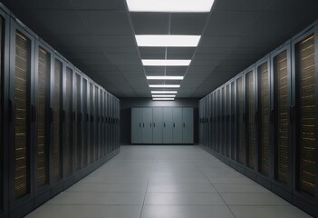 Futuristic background image of rack server with blinking lights in supercomputer, copy space