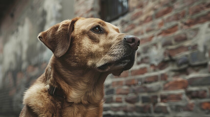 A close-up shot of a dog in front of a brick wall - obrazy, fototapety, plakaty