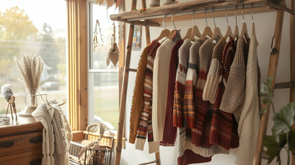 A collection of sweaters neatly hung on a rack situated next to a window, creating a cozy and organized display - obrazy, fototapety, plakaty