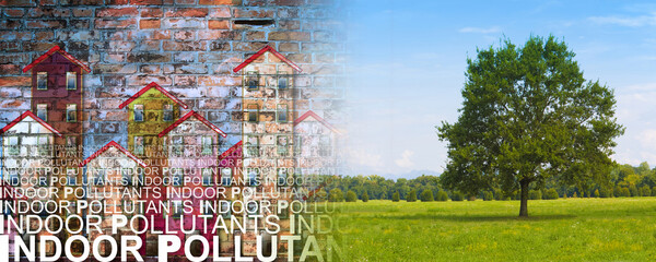 Indoor air pollutants against a buildings background - concetp image with a lone tree in a a green field