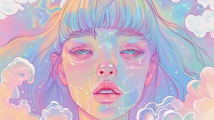 Beautiful girl with in a dreamy illustration style featuring pastel colors and simple shapes against a galaxy background