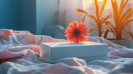 A white box is placed on top of a bed next to a vibrant flower