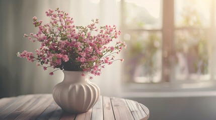 A white vase filled with pink flowers placed on top of a wooden table