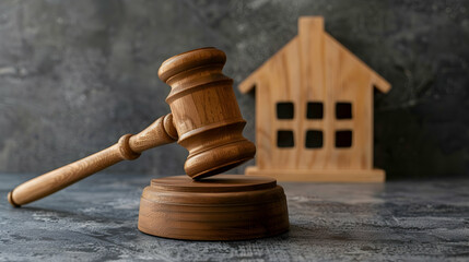A wooden judges gavel placed next to a small house, symbolizing the concept of justice and legal matters in a residential setting