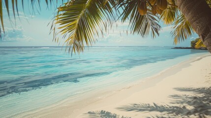 Tropical white sand beach. Beach by the sea surrounded by palm trees. Tropical paradise.