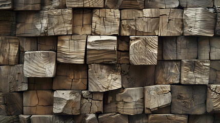 Detailed close-up of a wall constructed with wooden blocks, showing the natural textures and patterns of the material