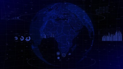 cinematic digital globe rotating video background showcases zooming in on Central African Republic country.Data analysis Central African Republic Country Growth,Development,Resources, GDP Conceptual