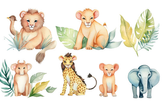 vector animals Watercolor painting jungle Set illustration