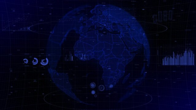 cinematic digital globe rotating video background showcases zooming in on Nigeria country. Data analysis Nigeria Country Charts and Graphs of Growth, Development, Resources, GDP Conceptual
