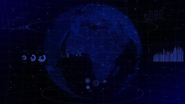 cinematic digital globe rotating video background showcases zooming in on Cameroon country. Data analysis Cameroon Country Charts and Graphs of Growth, Development, Resources, GDP Conceptual